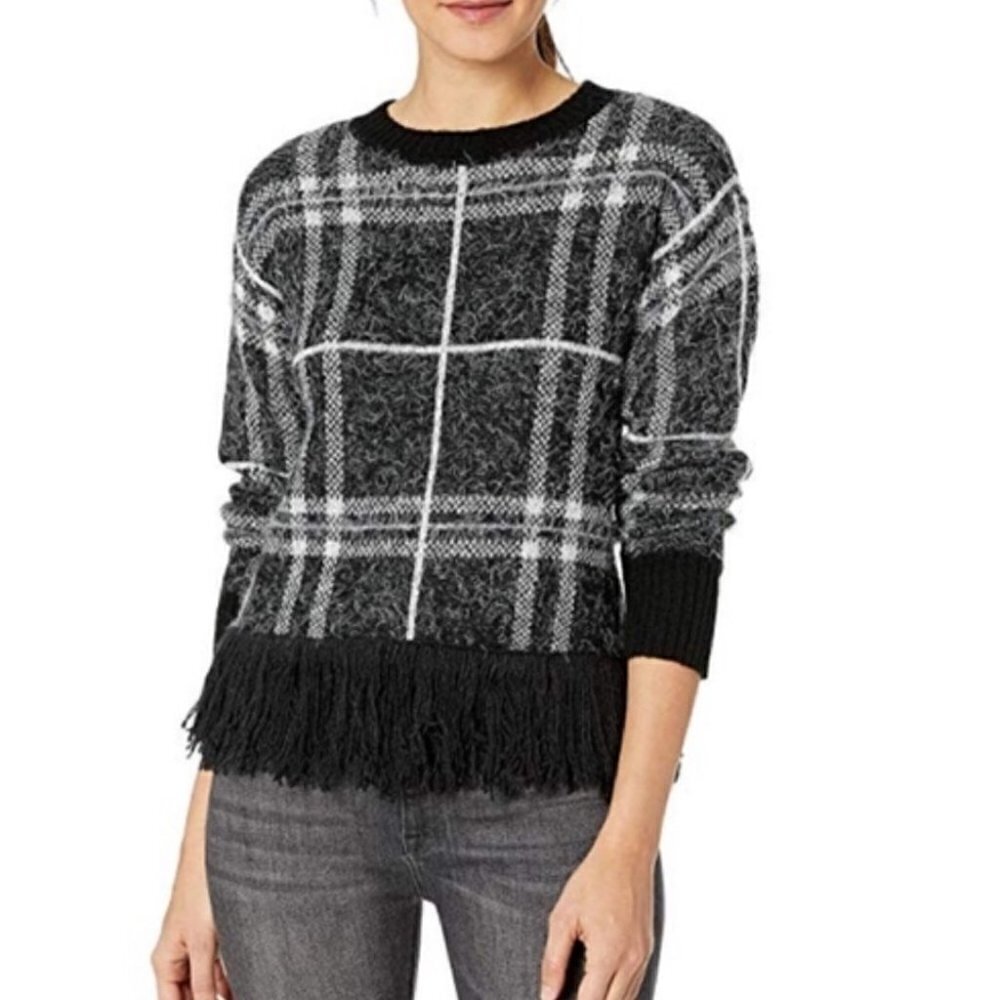 𝅺1. STATE Eyelash Plaid Fringe Sweater warm cozy soft winter vibes sz xl